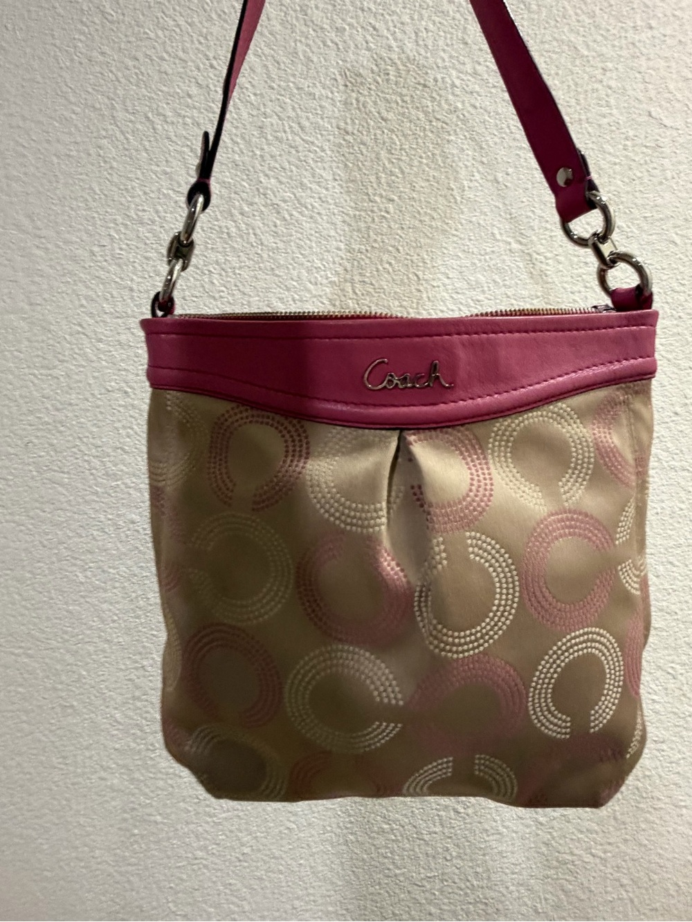 Coach Beige Canvas Shoulder Bag with Pink Trim